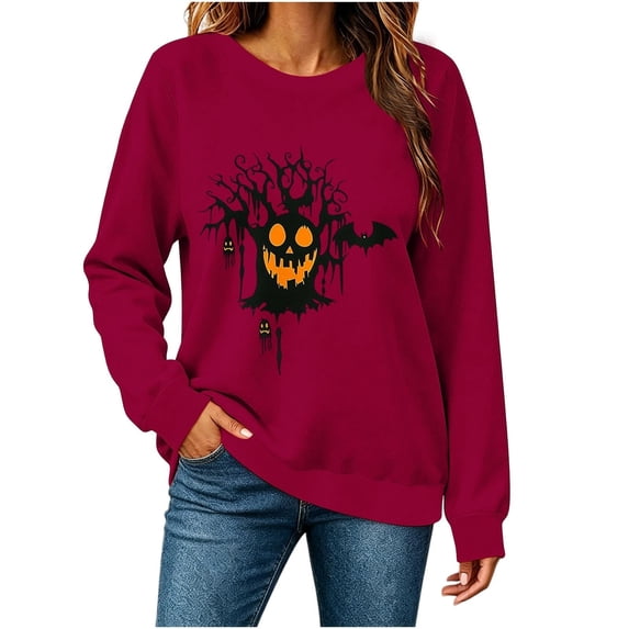 IDOCLOTHES Halloween Sweatshirts for Women 2026 Funny Pumpkin Face Printed Long Sleeve Oversized Sweaters Trendy Pullover Tops Womens Fall Fashion Clothing Red, XXL