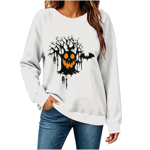 IDOCLOTHES Halloween Sweatshirts for Women 2026 Funny Pumpkin Face Printed Long Sleeve Oversized Sweaters Trendy Pullover Tops Womens Fall Fashion Clothing White, XXL