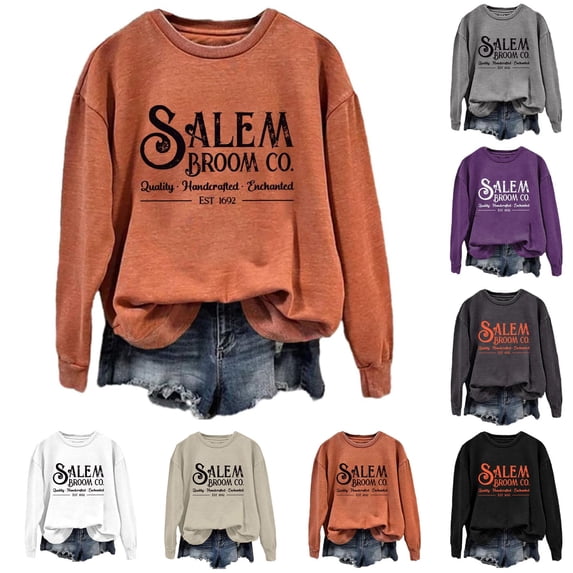 IDOCLOTHES Halloween Sweatshirts for Women Dressy Casual Salem Broom Co Printed Long Sleeve Halloween Sweaters for Women Oversized Tops Womens Fall Fashion Clothing Black, S