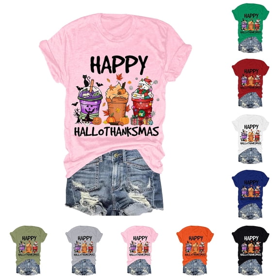 IDOCLOTHES Halloween Tshirts Shirts for Women Happy Hallothanksmas Funny Graphic Tees Loose Fit Thanksgiving Short Sleeve Fall Outfits Womens Tops White, S