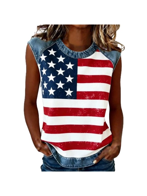 Patriotic Tank Tops for Women 4th of July America Flag Stars Stripes Flag USA Graphic Cami Shirts Summer Tops Sky Blue, S