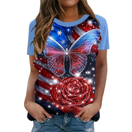 IDOCLOTHES Patriotic Tshirts Shirts for Women Trendy 2026 Short Sleeve Glitter Butterfly Cross Rose Graphic Tees Womens 4th of July T Shirts Summer USA Tops Sky Blue, XXL