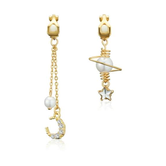 IDOKAWA Clip On Earrings For Women AB Type Star and Moon Asymmetric Imitation Pearl Drop Dangle Earrings Trendy Jewelry Gift for Birthday Christmas Wedding