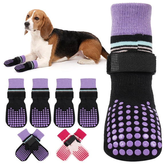 IDOMIK 4 Pack Dog Socks, Non-slip Paw Protectors for Indoor Hardwood Floors, Traction Control Grip Booties for Small Dogs, Black, XS