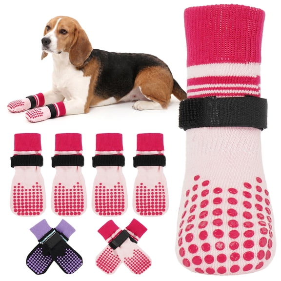 IDOMIK 4 Pack Dog Socks, Non-slip Paw Protectors for Indoor Hardwood Floors, Traction Control Grip Booties for Small Dogs, Pink, XS