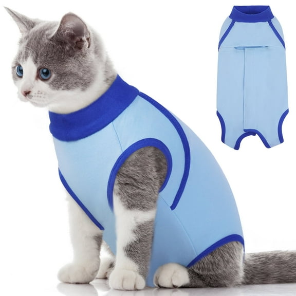 IDOMIK Soft Cat Recovery Suit Cat Onesie after Surgery with Hook and Loop Cat Cone Alternative Wound Protection Post-Surgery Skin Diseases, Blue, L