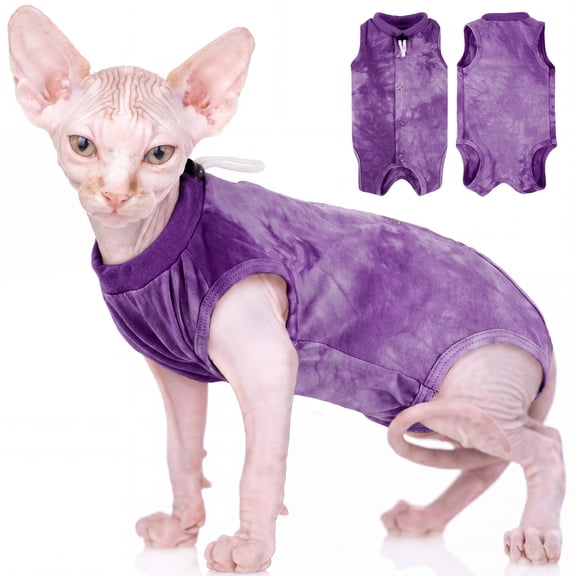 IDOMIK Cat Recovery Suit, Post-Surgery Onesie to Prevent Licking, Cone of Shame Alternative Surgical Spay Suit for Male Female Cat, Purple, L
