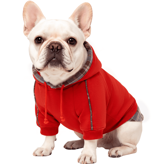 IDOMIK Dog Hoodie, Soft Plaid Trim Sweatshirt with Adjustable Drawstring Hood and Leash Hole, Red, M