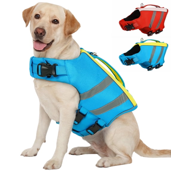 IDOMIK Dog Life Jacket, High Flotation Swimming Vest for Dogs, Adjustable, Reflective and Comfortable, Blue, L