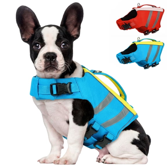 IDOMIK Dog Life Jacket with Reflective Strips, High Flotation Puppy Swim Vest with Rescue Handle and D-Ring for Boating, Swimming and Surfing, Blue