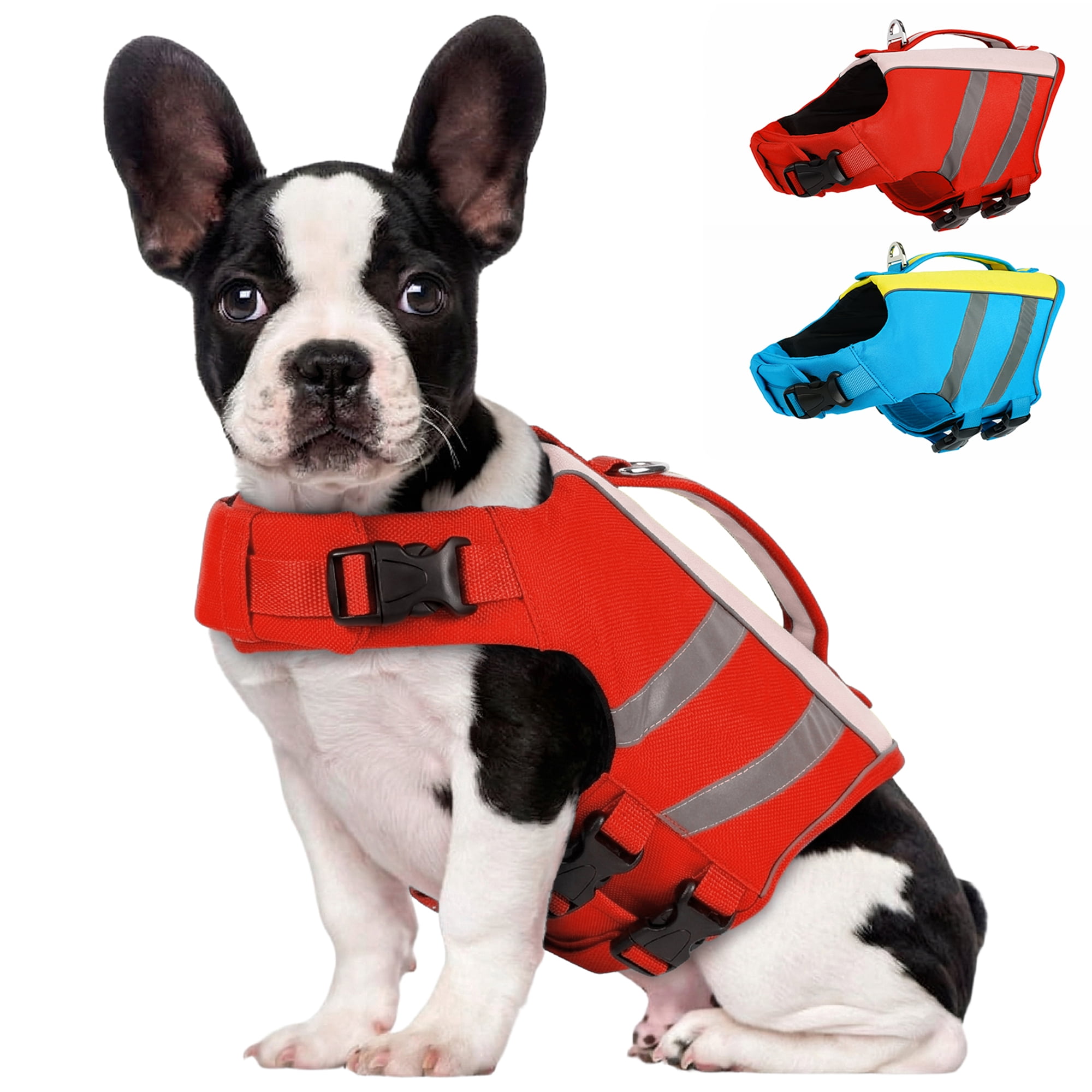 IDOMIK Dog Life Jacket with Reflective Strips, High Flotation Small Dog Swim Vest with Rescue Handle and D-Ring for Boating, Swimming and Surfing, Red