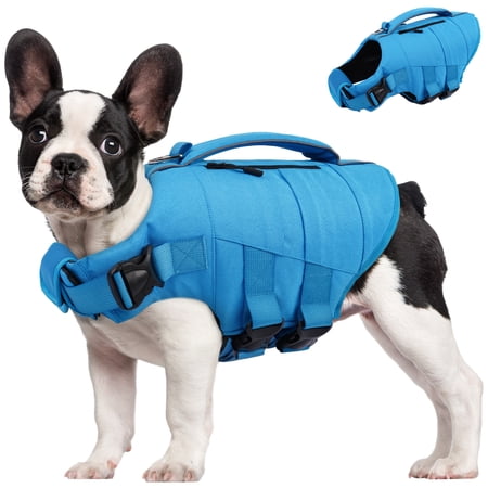 IDOMIK Dog Life Jacket with Reflective Strips, Adjustable Swimming Vest High Flotation Pet Lifesaver for Puppy, Blue, XS