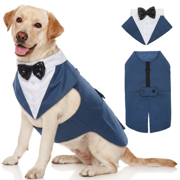 IDOMIK Dog Tuxedo Suit with Bow Tie, Formal Wear for Large Dogs, Blue, 2XL
