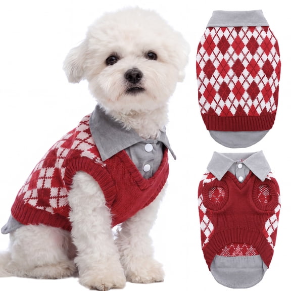 IDOMIK Plaid Sweater for Medium Dog, Pet Knitwear with Harness Hole, Polo Design Fall Winter Sweatshirt, Red, M