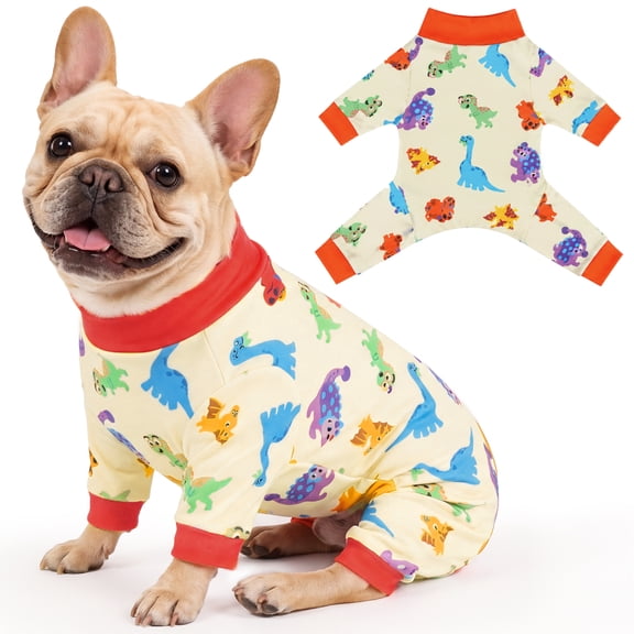 IDOMIK Soft Stretchy Dog Pajamas, Dinosaur Print Four-Leg Dog Onesie, Pet Jammies for Indoor, Sleepwear & Cold Weather, M