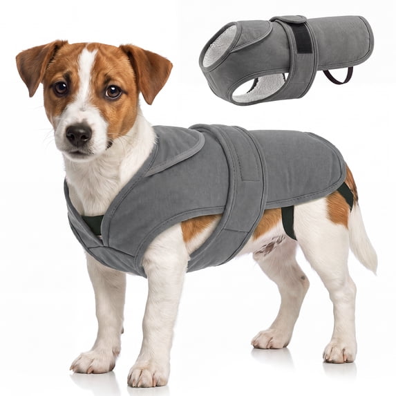 IDOMIK Warm Dog Coat, Canvas Dog Jacket, Reflective Fleece Pet Cold Weather Vest with Zipper Leash Hole, Gray, M