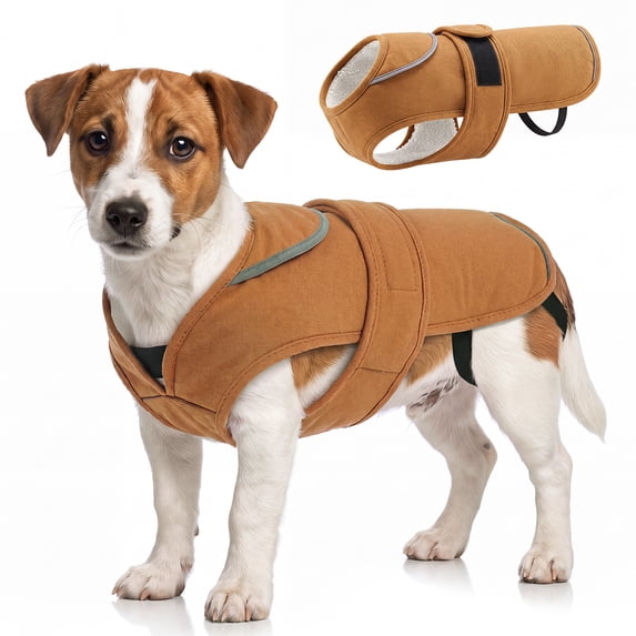 IDOMIK Warm Dog Coat, Canvas Dog Jacket, Reflective Fleece Pet Cold Weather Vest with Zipper Leash Hole, Brown, M