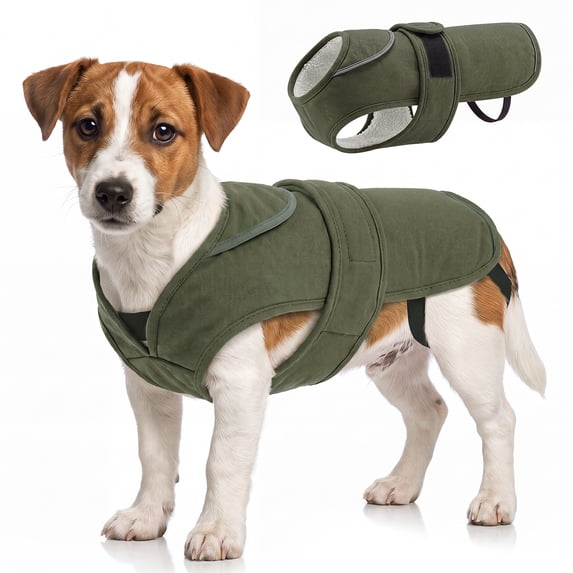 IDOMIK Warm Dog Coat, Canvas Dog Jacket, Reflective Fleece Pet Cold Weather Vest with Zipper Leash Hole, Green, XS