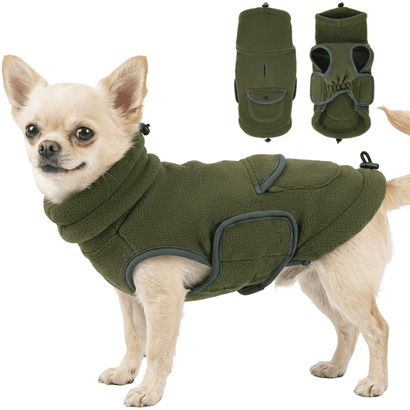 IDOMIK Dog Fleece Padded Coat, Soft Warm Winter Jacket with Harness Hole, Back Pocket, Adjustable Drawstring, Green, XS