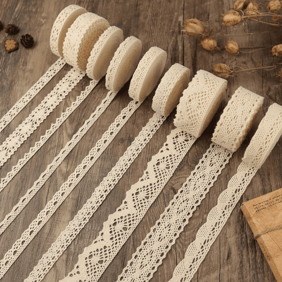 IDONGCAI Lace Trim Lace Ribbon| Scalloped Edge | 45 Yards Total | 5 Yards Each of 9 Styles | Beige | For Bridal Wedding Decoration Christmas Package DIY Sewing Craft Supply