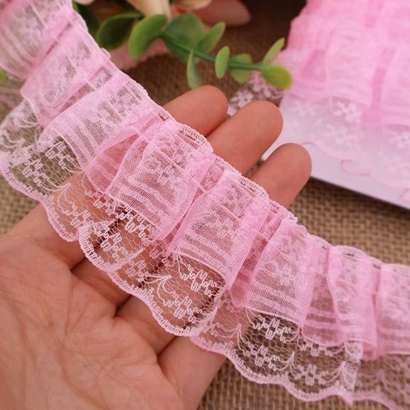 IDONGCAI Pink Lace Ruffle Trim for Crafts 1-5/8"x5yd 2-Layer Pleated Edge Lace Ribbon