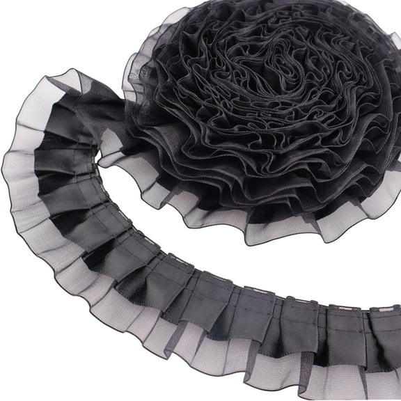 IDONGCAI Ruffle Trim 2-Layer Satin Organza Pleated Edging Trimmings 1.6inchx6yd Lace Ribbon for Crafts Embellishment (Black)
