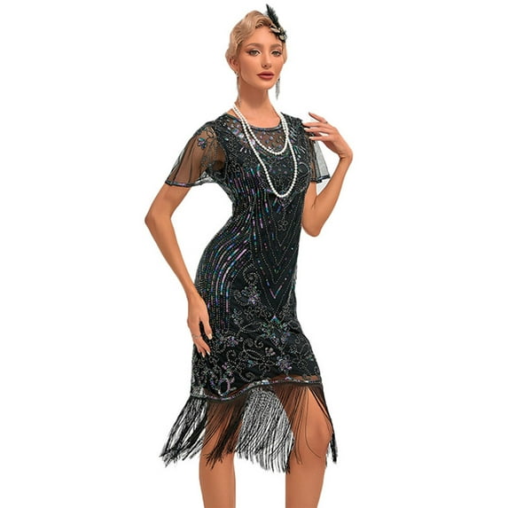 IDOPIP 1920s Flapper Dresses for Women Great Gatsby Dresses Sequin Fringed Roaring 20s Cocktail Dress