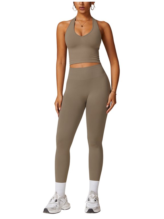 2 Piece Workout Sets for Women Seamless Halter V-Neck Tank Top Scrunch Butt Lifting High Waist Leggings Gym Sets Active Wear Sports Outfit L Khaki