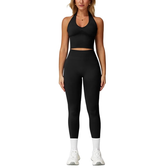 IDOPIP 2 Piece Workout Sets for Women Seamless Halter V-Neck Tank Top Scrunch Butt Lifting High Waist Leggings Gym Sets Active Wear Sports Outfit M Black