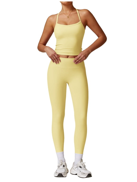 2 Piece Workout Sets for Women High Waisted Seamless Butt Lifting Leggings Gym Yoga Outfit Stretchy Sports Bra Set M Yellow