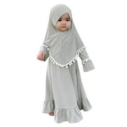 IDOPIP 2Pcs Muslim Abaya Dress for Baby Girls Arabic Dubai Modest Dress with Full Cover Hijab