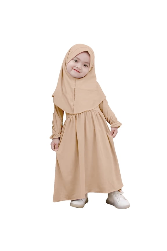 2Pcs Muslim Abaya Dress for Baby Girls Arabic Dubai Modest Dress with Full Cover Hijab