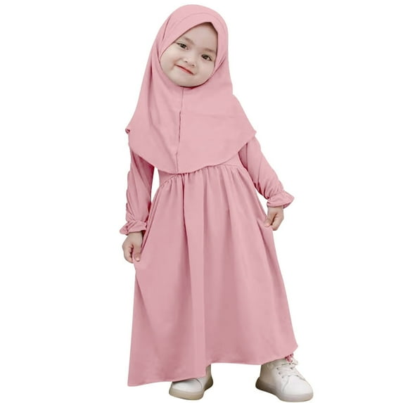 IDOPIP 2Pcs Muslim Abaya Dress for Baby Girls Arabic Dubai Modest Dress with Full Cover Hijab