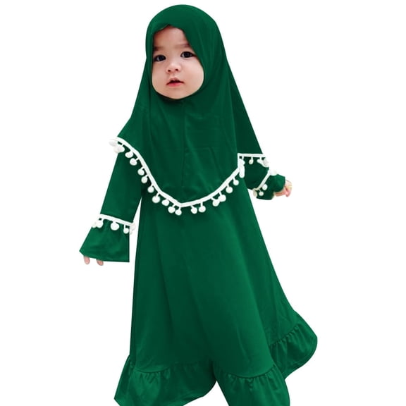 IDOPIP 2Pcs Muslim Abaya Dress for Baby Girls Arabic Dubai Modest Dress with Full Cover Hijab