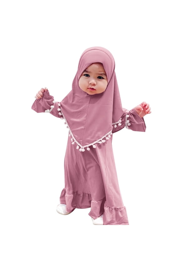 2Pcs Muslim Abaya Dress for Baby Girls Arabic Dubai Modest Dress with Full Cover Hijab