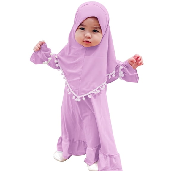 IDOPIP 2Pcs Muslim Abaya Dress for Baby Girls Arabic Dubai Modest Dress with Full Cover Hijab