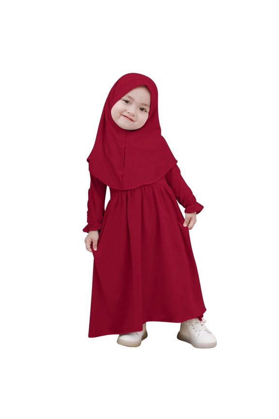 2Pcs Muslim Abaya Dress for Baby Girls Arabic Dubai Modest Dress with Full Cover Hijab
