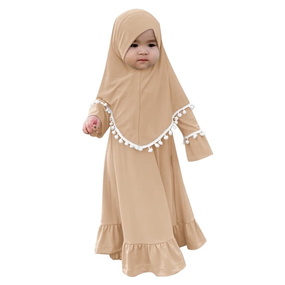 IDOPIP 2Pcs Muslim Abaya Dress for Baby Girls Arabic Dubai Modest Dress with Full Cover Hijab