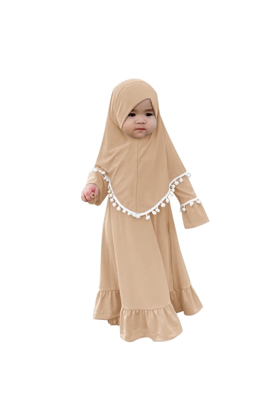 2Pcs Muslim Abaya Dress for Baby Girls Arabic Dubai Modest Dress with Full Cover Hijab