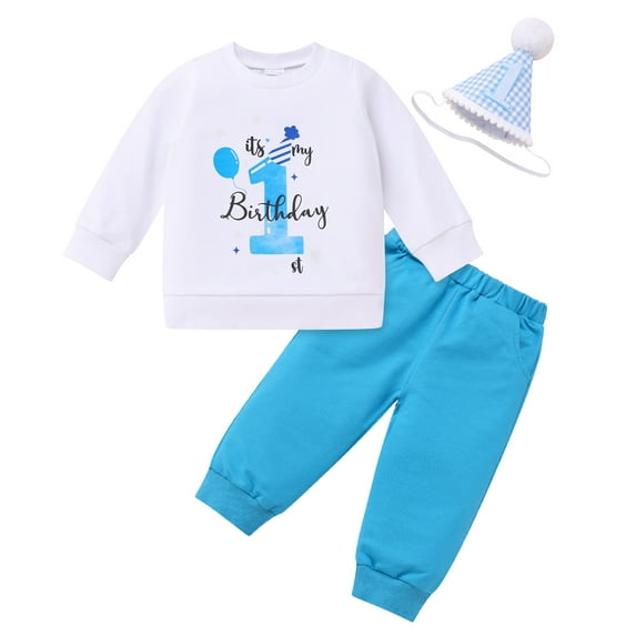 IDOPIP Baby Boys 1st Birthday Cake Smash Clothes Outfit Winter Long Sleeve Pullover Loose Blue Pants Size 9-12M
