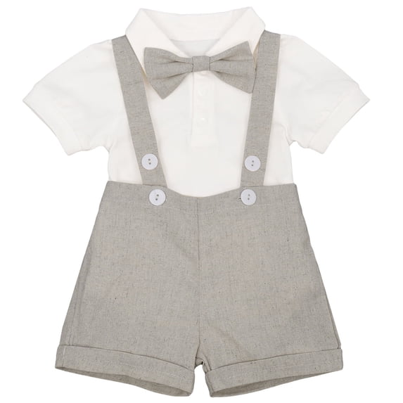IDOPIP Baby Boys Formal Suit Gentleman Set Short Sleeve Romper Suspenders Shorts Pants Bowtie Wedding Tuxedo Outfits 6-12 Months,Gray