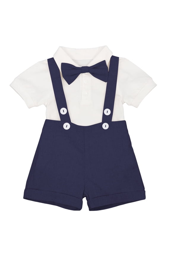 Baby Boys Formal Suit Gentleman Set Short Sleeve Romper Suspenders Shorts Pants Bowtie Wedding Tuxedo Outfits 12-18 Months,Navy Blue
