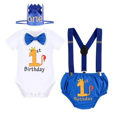 Baby Boy Dinosaur 1st Birthday Outfit - Cake Smash Romper With Suspenders & Headband Set