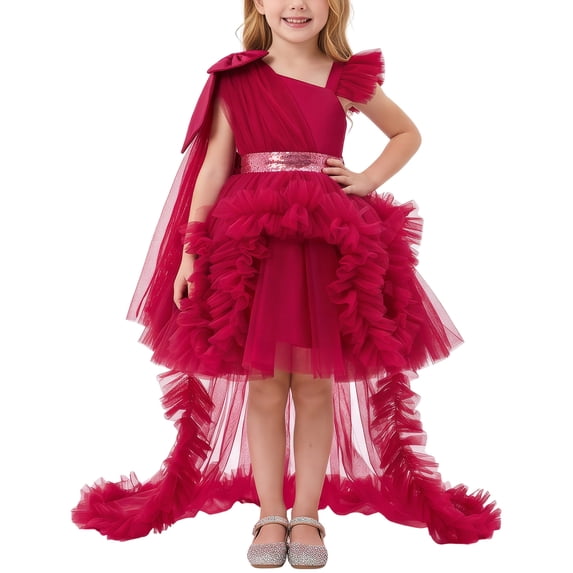 IDOPIP Baby Flower Girl One Shoulder High-Low Formal Wedding Dress Toddler Birthday Pageant Prom Party Fancy Sneaker Ball Gown Little Princess 1st Communion Easter Christmas Valentine Outfits