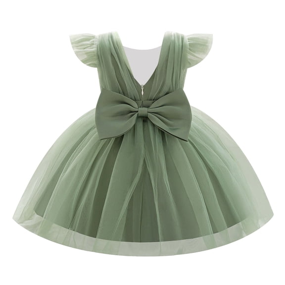 IDOPIP Baby Flutter Sleeve Birthday Outfits Toddler Girl Formal Dress Kids Princess Fancy Tea Party Pageant Prom Flower Girl Wedding Dress Infant Christmas Easter Clothes 12-18 Months Sage Green