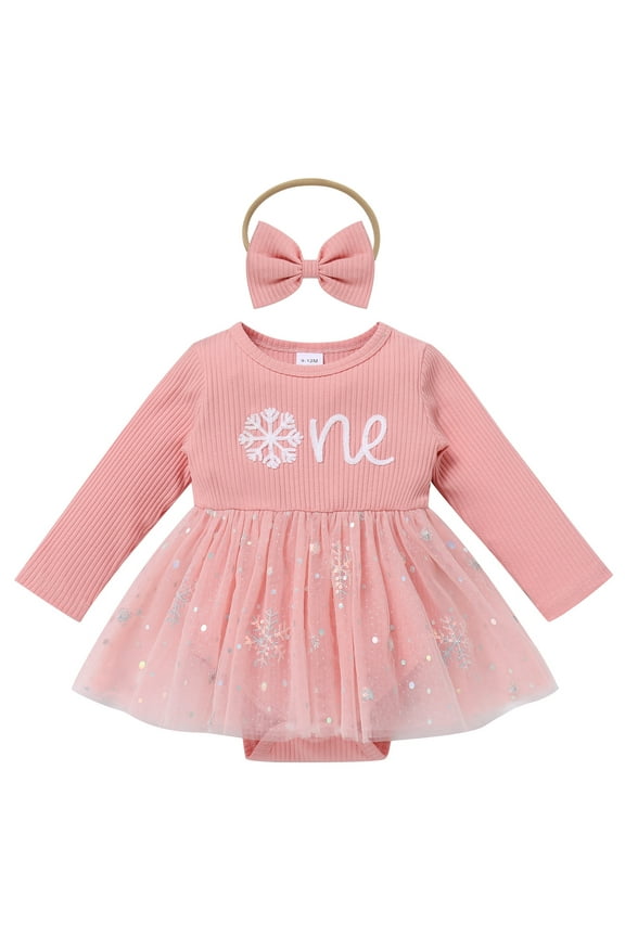 Baby Girl 1st Birthday Outfit Winter Pumpkin Snowflake Sparkle Sequins Tulle Romper Dress + Headband