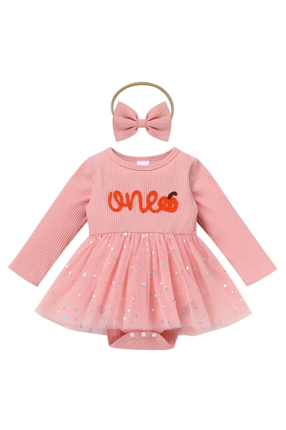 Baby Girl 1st Birthday Outfit Winter Pumpkin Sparkle Sequins Tulle Romper Dress + Headband