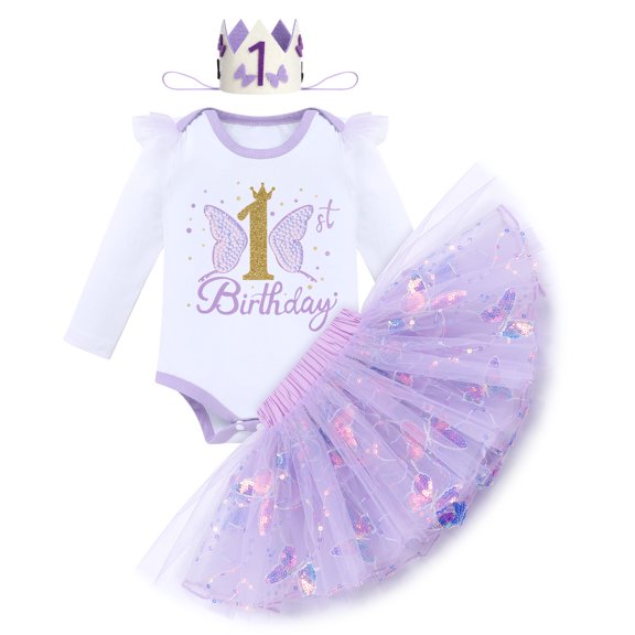 IDOPIP Baby Girl 1st Cake Smash Birthday Outfit Sequin Butterfly Romper Tutu Skirt with Headband