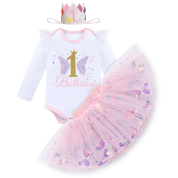 IDOPIP Baby Girl 1st Cake Smash Birthday Outfit Sequin Butterfly Romper Tutu Skirt with Headband