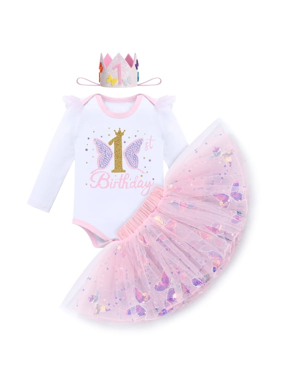 Baby Girl 1st Cake Smash Birthday Outfit Sequin Butterfly Romper Tutu Skirt with Headband